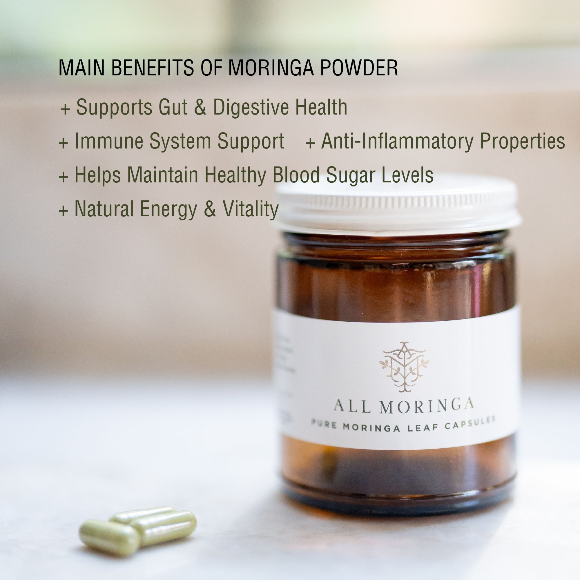 Premium Organic Moringa leaf Powder Supplements in Vegan Capsules 120ct in a Glass Jar. Non-GMO, Complete Green Superfood