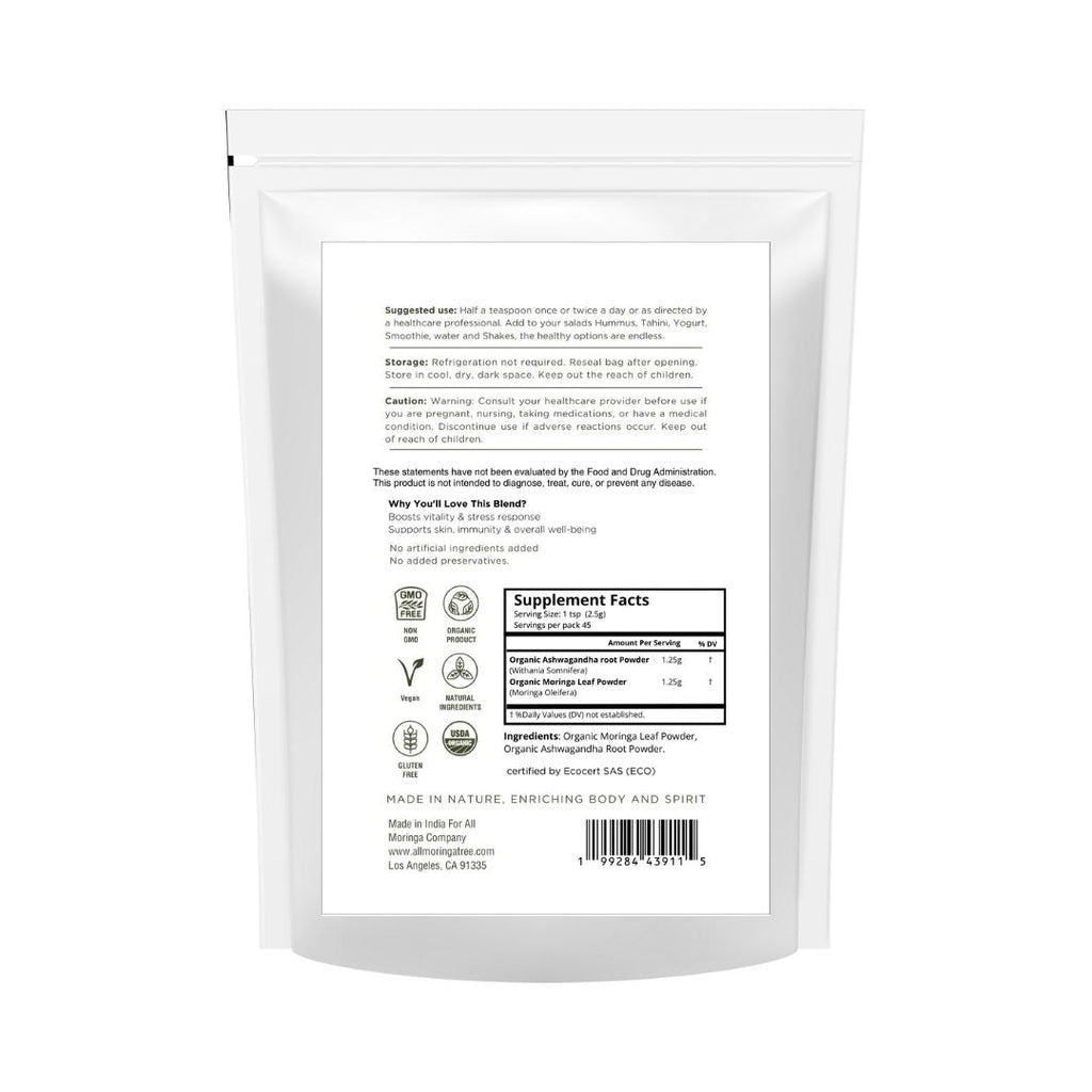 Organic Moringa & Ashwagandha Powder – Adaptogenic Superfood for Stress & Energy 4oz USDA Organic, Non-GMO