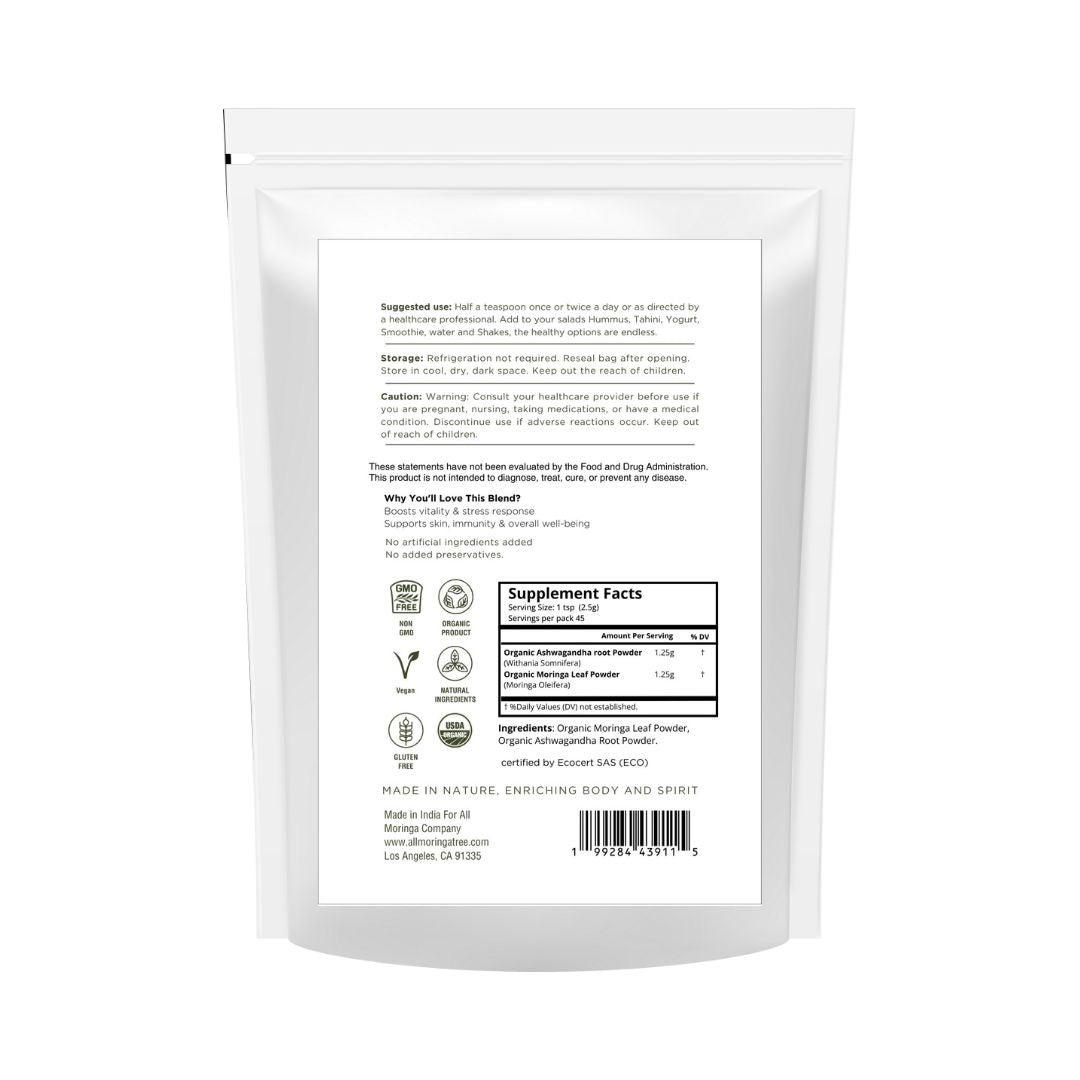 Organic Moringa & Ashwagandha Powder – Adaptogenic Superfood for Stress & Energy 4oz USDA Organic, Non-GMO